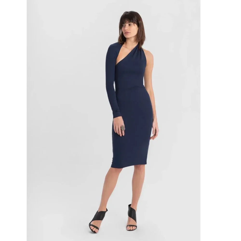 NWT Marcella Manhattan One Shoulder Midi Dress Navy Blue Size S